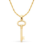 14K Gold Plain Key Charm Pendant with 1.2mm Singapore Chain Necklace