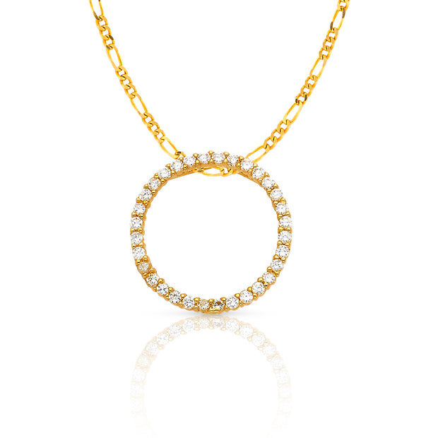 14K Gold Eternity CZ Charm Pendant with 2mm Figaro 3+1 Chain Necklace