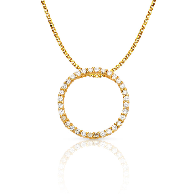 14K Gold Eternity CZ Charm Pendant with 1.5mm Flat Open Wheat Chain Necklace