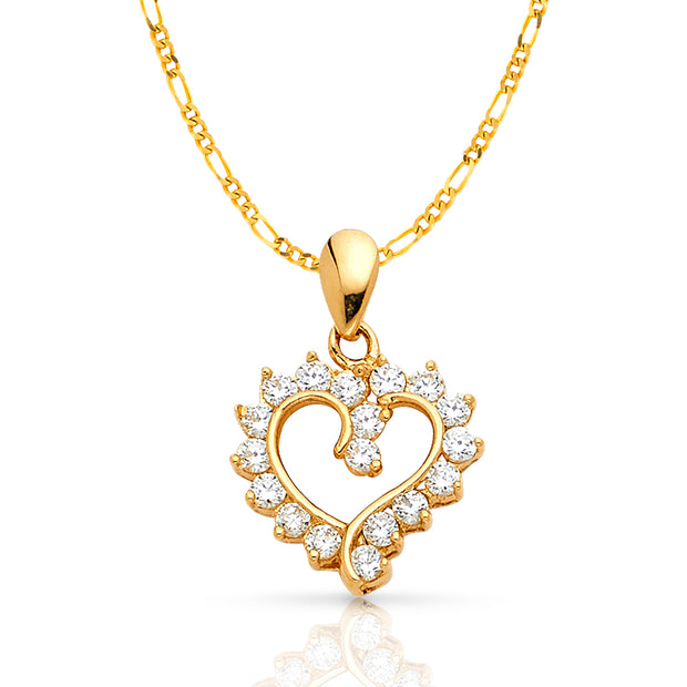 14K Gold Open Fancy Heart Round Cut CZ Charm Pendant with 2mm Figaro 3+1 Chain Necklace