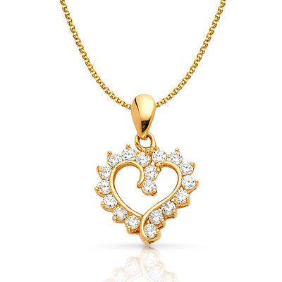 14K Gold Open Fancy Heart Round Cut CZ Charm Pendant with 1.5mm Flat Open Wheat Chain Necklace