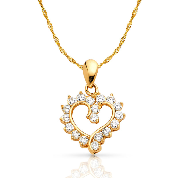 14K Gold Open Fancy Heart Round Cut CZ Charm Pendant with 1.2mm Singapore Chain Necklace