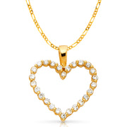 14K Gold Open Fancy Heart Round Cut CZ Charm Pendant with 2mm Figaro 3+1 Chain Necklace