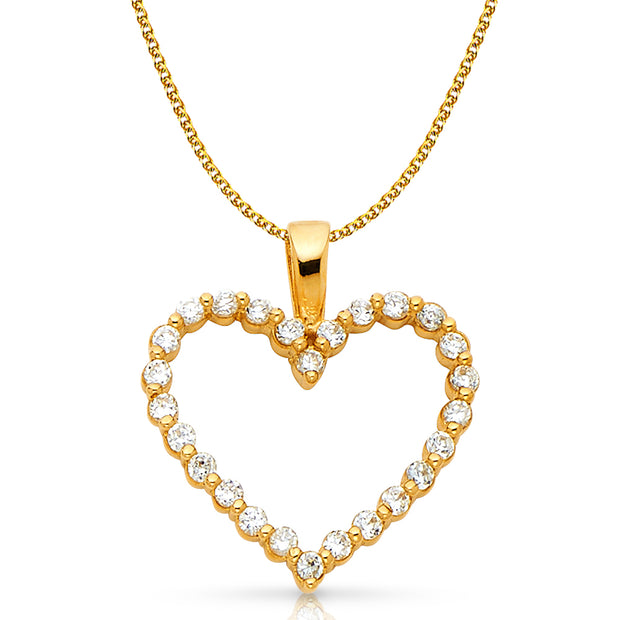 14K Gold Open Fancy Heart Round Cut CZ Charm Pendant with 1.5mm Flat Open Wheat Chain Necklace