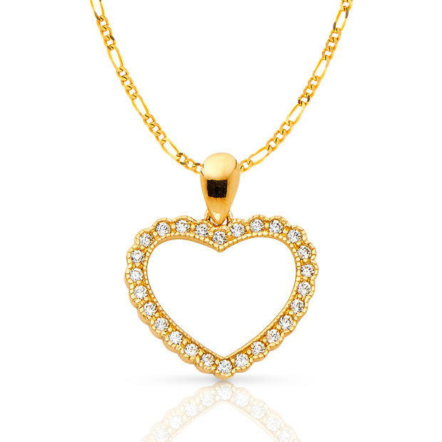 14K Gold Open Fancy Heart Round Cut CZ Charm Pendant with 2mm Figaro 3+1 Chain Necklace