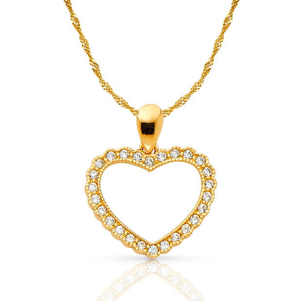 14K Gold Open Fancy Heart Round Cut CZ Charm Pendant with 1.2mm Singapore Chain Necklace