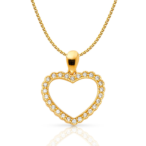 14K Gold Open Fancy Heart Round Cut CZ Charm Pendant with 1.2mm Flat Open Wheat Chain Necklace