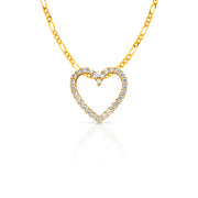 14K Gold Open Fancy Heart Round Cut CZ Charm Pendant with 2mm Figaro 3+1 Chain Necklace