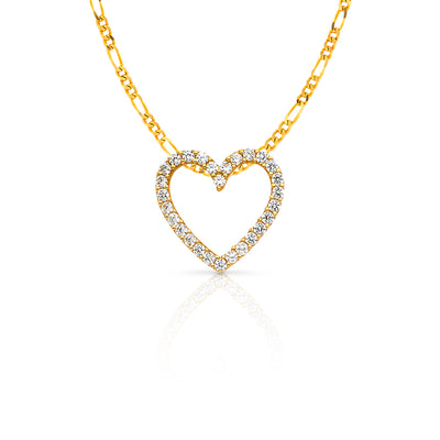 14K Gold Open Fancy Heart Round Cut CZ Charm Pendant with 2mm Figaro 3+1 Chain Necklace