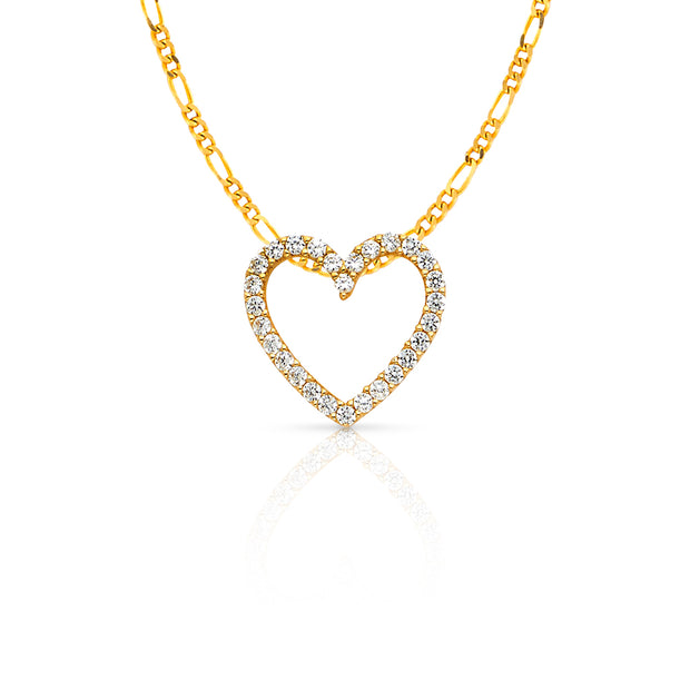 14K Gold Open Fancy Heart Round Cut CZ Charm Pendant with 2mm Figaro 3+1 Chain Necklace