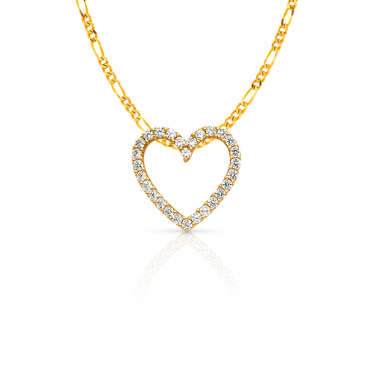 14K Gold Open Fancy Heart Round Cut CZ Charm Pendant with 2mm Figaro 3+1 Chain Necklace