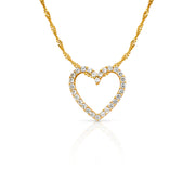 14K Gold Open Fancy Heart Round Cut CZ Charm Pendant with 1.2mm Singapore Chain Necklace