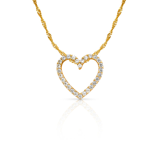 14K Gold Open Fancy Heart Round Cut CZ Charm Pendant with 1.2mm Singapore Chain Necklace