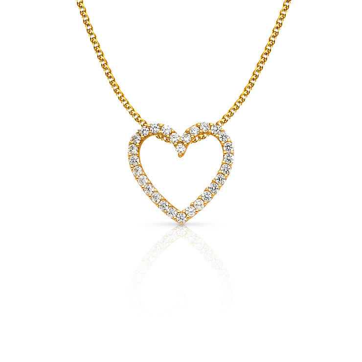 14K Gold Open Fancy Heart Round Cut CZ Charm Pendant with 1.2mm Flat Open Wheat Chain Necklace