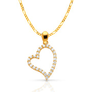14K Gold Open Tilted Heart Round Cut CZ Charm Pendant with 2mm Figaro 3+1 Chain Necklace