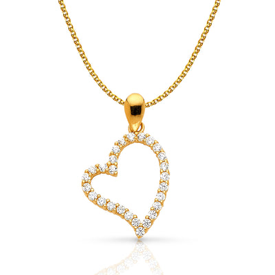 14K Gold Open Tilted Heart Round Cut CZ Charm Pendant with 1.2mm Flat Open Wheat Chain Necklace