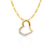 14K Gold Journey Tilted Open Heart CZ Charm Pendant with 2mm Figaro 3+1 Chain Necklace