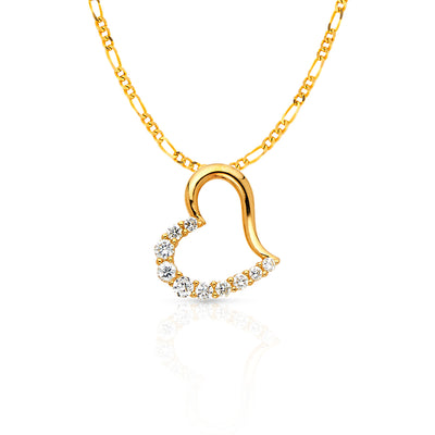 14K Gold Journey Tilted Open Heart CZ Charm Pendant with 2mm Figaro 3+1 Chain Necklace