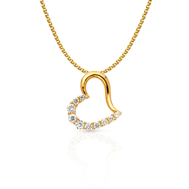 14K Gold Journey Tilted Open Heart CZ Charm Pendant with 1.2mm Flat Open Wheat Chain Necklace