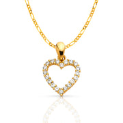 14K Gold Open Fancy Heart Round Cut CZ Charm Pendant with 1.6mm Figaro 3+1 Chain Necklace