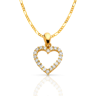 14K Gold Open Fancy Heart Round Cut CZ Charm Pendant with 1.6mm Figaro 3+1 Chain Necklace