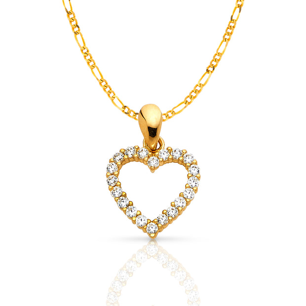 14K Gold Open Fancy Heart Round Cut CZ Charm Pendant with 1.6mm Figaro 3+1 Chain Necklace