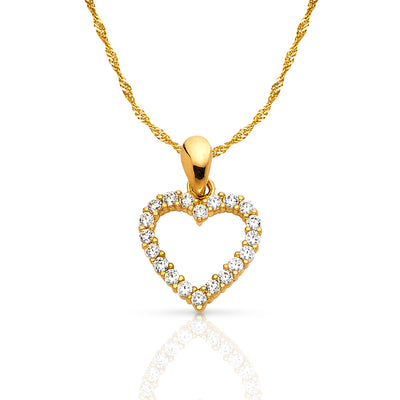 14K Gold Open Fancy Heart Round Cut CZ Charm Pendant with 0.9mm Singapore Chain Necklace