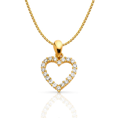 14K Gold Open Fancy Heart Round Cut CZ Charm Pendant with 1.2mm Flat Open Wheat Chain Necklace