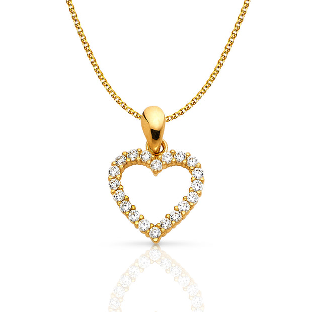 14K Gold Open Fancy Heart Round Cut CZ Charm Pendant with 1.2mm Flat Open Wheat Chain Necklace