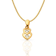 14K Gold Dual Interlocking Hearts CZ Charm Pendant with 1.2mm Flat Open Wheat Chain Necklace