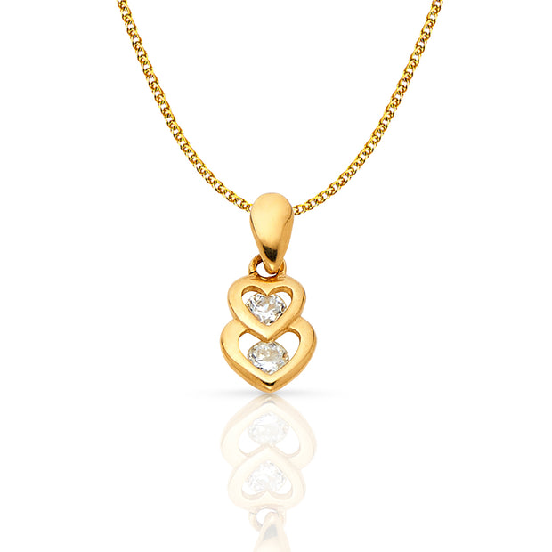 14K Gold Dual Interlocking Hearts CZ Charm Pendant with 1.2mm Flat Open Wheat Chain Necklace