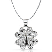 14K Gold Four Hearts Clover CZ Pendant with 1.5mm Rope Chain