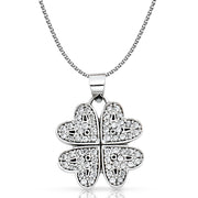 14K Gold Four Hearts Clover CZ Pendant with 1.3mm Flat Open Wheat Chain