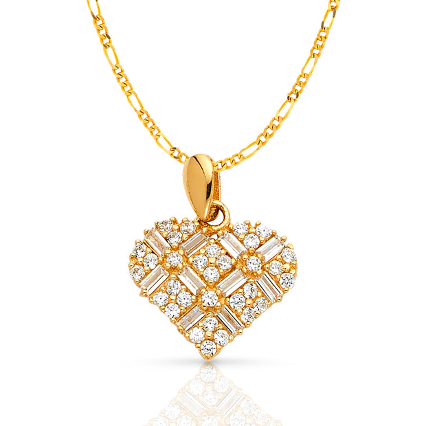 14K Gold Heart Cross Hatch CZ Charm Pendant with 1.6mm Figaro 3+1 Chain Necklace