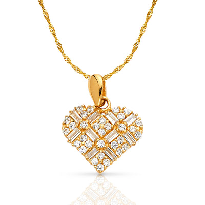 14K Gold Heart Cross Hatch CZ Charm Pendant with 0.9mm Singapore Chain Necklace