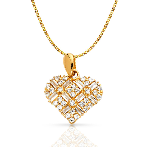 14K Gold Heart Cross Hatch CZ Charm Pendant with 1.2mm Flat Open Wheat Chain Necklace