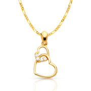 14K Gold Dual Interlocking Hearts CZ Charm Pendant with 1.6mm Figaro 3+1 Chain Necklace