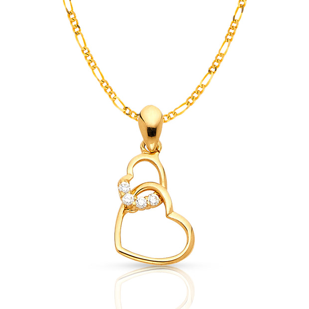 14K Gold Dual Interlocking Hearts CZ Charm Pendant with 1.6mm Figaro 3+1 Chain Necklace