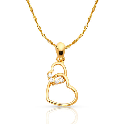 14K Gold Dual Interlocking Hearts CZ Charm Pendant with 0.9mm Singapore Chain Necklace