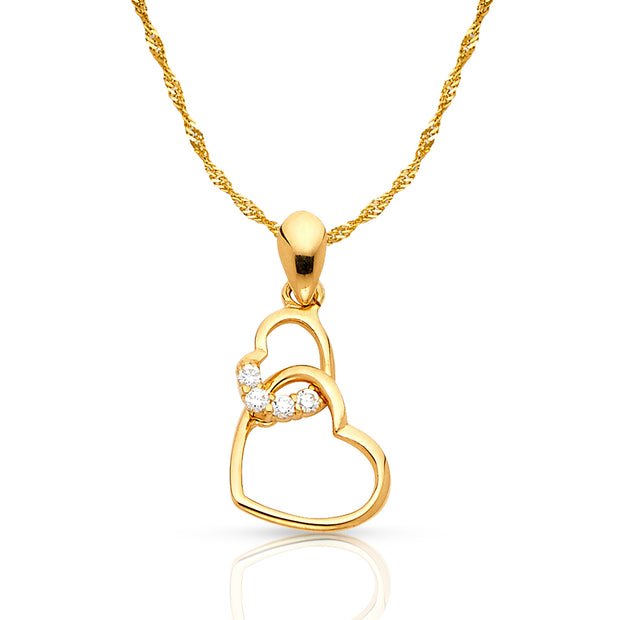 14K Gold Dual Interlocking Hearts CZ Charm Pendant with 0.9mm Singapore Chain Necklace