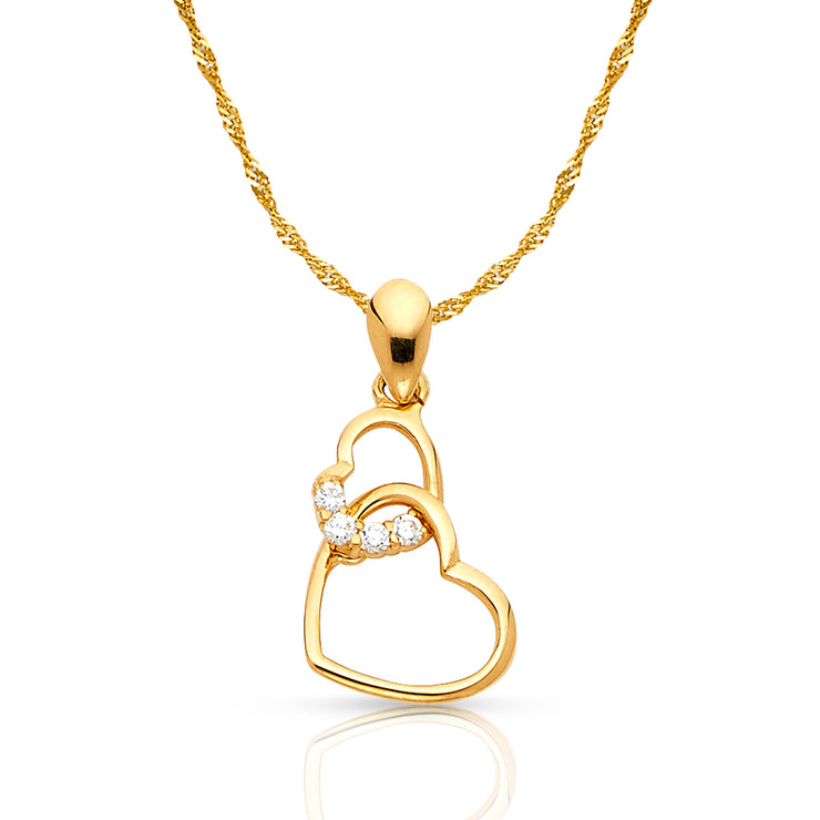14K Gold Dual Interlocking Hearts CZ Charm Pendant with 0.9mm Singapore Chain Necklace