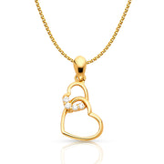 14K Gold Dual Interlocking Hearts CZ Charm Pendant with 1.2mm Flat Open Wheat Chain Necklace