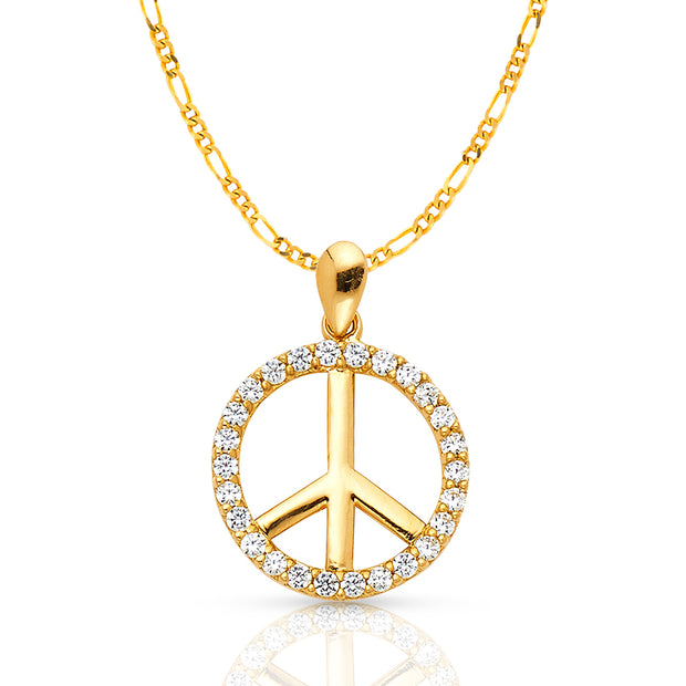 14K Gold Fancy Peace Sign CZ Charm Pendant with 2mm Figaro 3+1 Chain Necklace