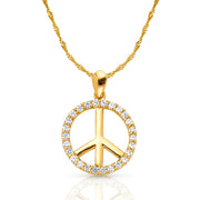 14K Gold Fancy Peace Sign CZ Charm Pendant with 1.2mm Singapore Chain Necklace