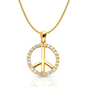 14K Gold Fancy Peace Sign CZ Charm Pendant with 1.2mm Flat Open Wheat Chain Necklace