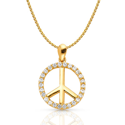 14K Gold Fancy Peace Sign CZ Charm Pendant with 1.2mm Flat Open Wheat Chain Necklace