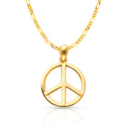14K Gold Peace Sign CZ Charm Pendant with 2mm Figaro 3+1 Chain Necklace
