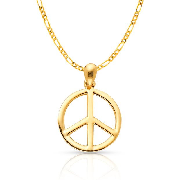 14K Gold Peace Sign CZ Charm Pendant with 2mm Figaro 3+1 Chain Necklace