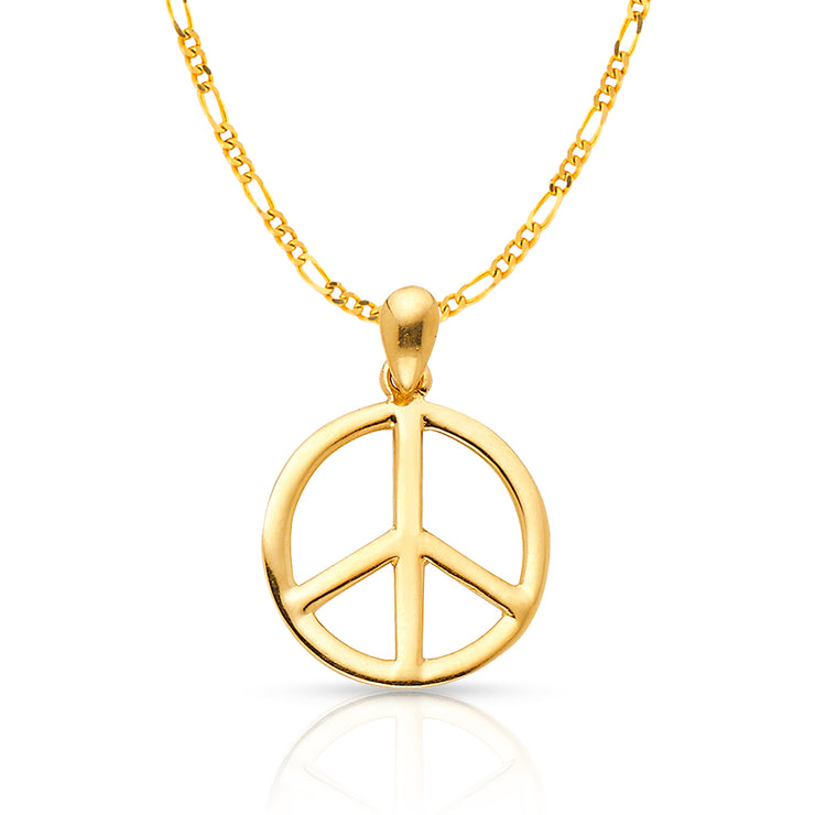14K Gold Peace Sign CZ Charm Pendant with 2mm Figaro 3+1 Chain Necklace