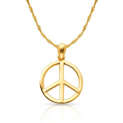 14K Gold Peace Sign CZ Charm Pendant with 1.2mm Singapore Chain Necklace